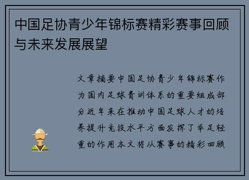 中国足协青少年锦标赛精彩赛事回顾与未来发展展望