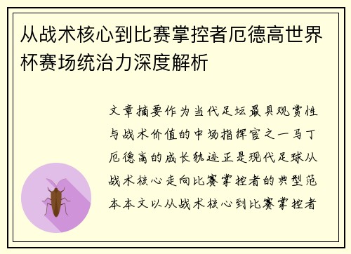 从战术核心到比赛掌控者厄德高世界杯赛场统治力深度解析